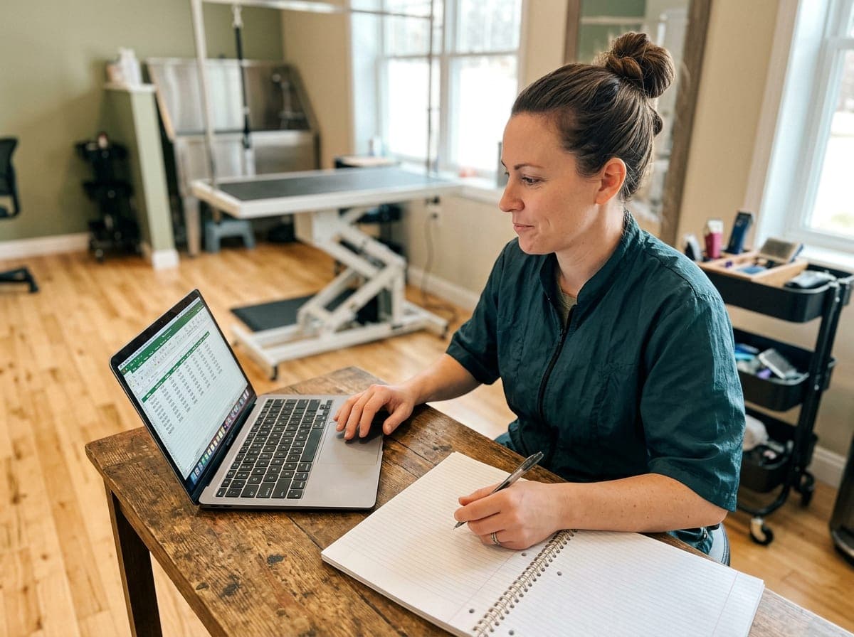 A groomer sits at a laptop with a clear cost ledger for supplies, rent, insurance, fuel, and marketing, looking calmly determined in a well-kept grooming space.