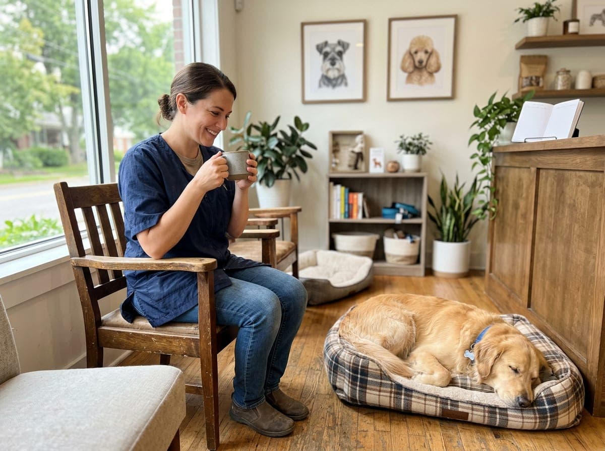 A prosperous, well-loved groomer enjoys coffee in a calm grooming lobby with a lighter, unscheduled day and a peaceful dog nearby.