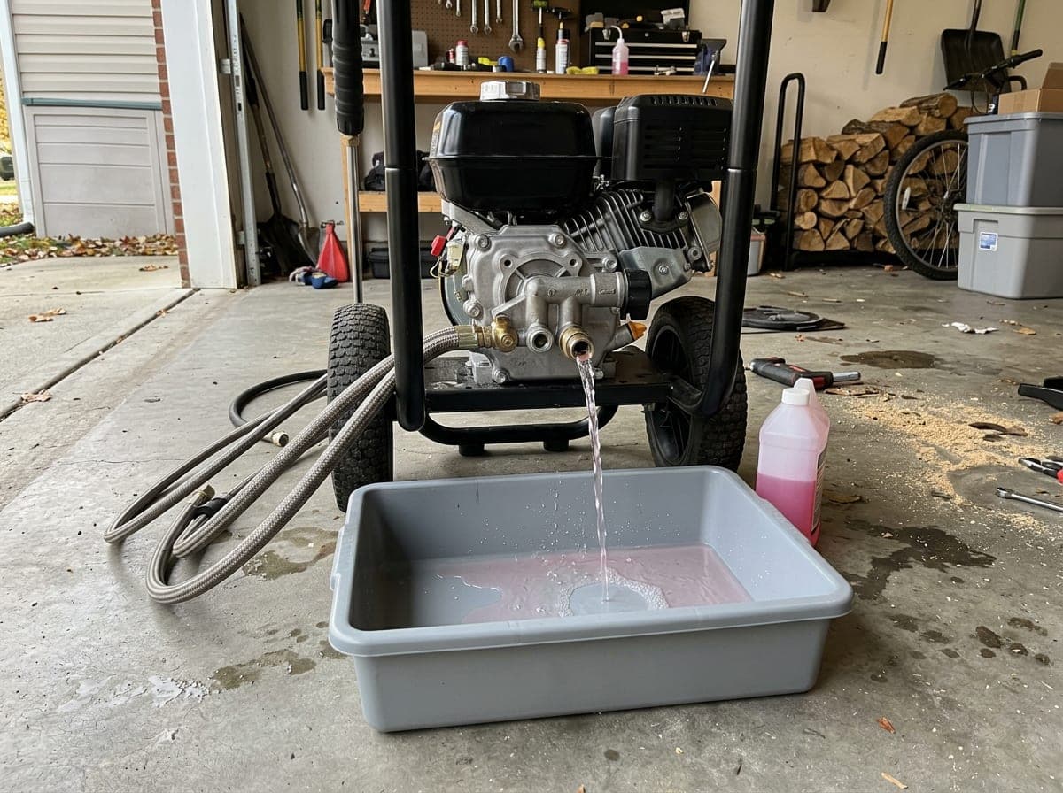 A pressure washer is being winterized in a garage with water draining from open valves into a basin.