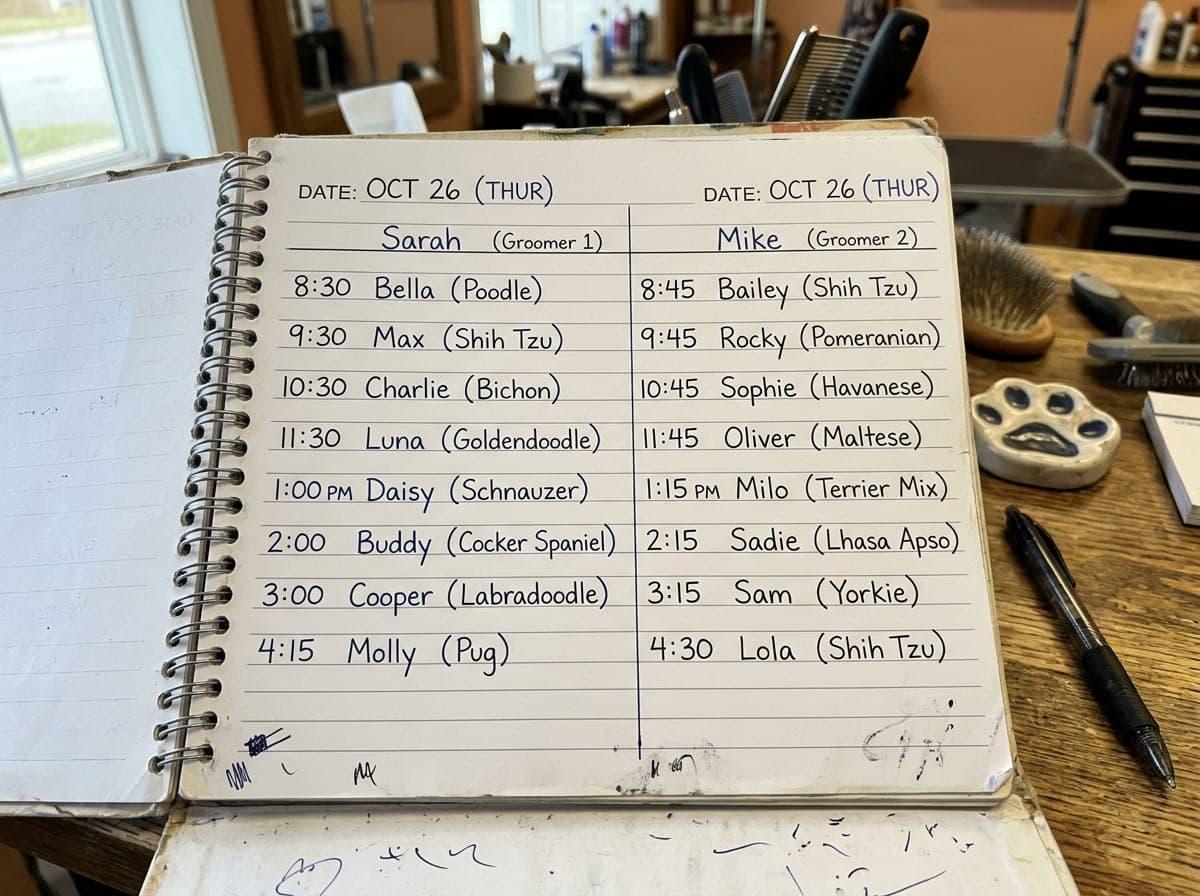 A mock grooming calendar shows two groomers working in parallel with full but manageable appointments across two columns.