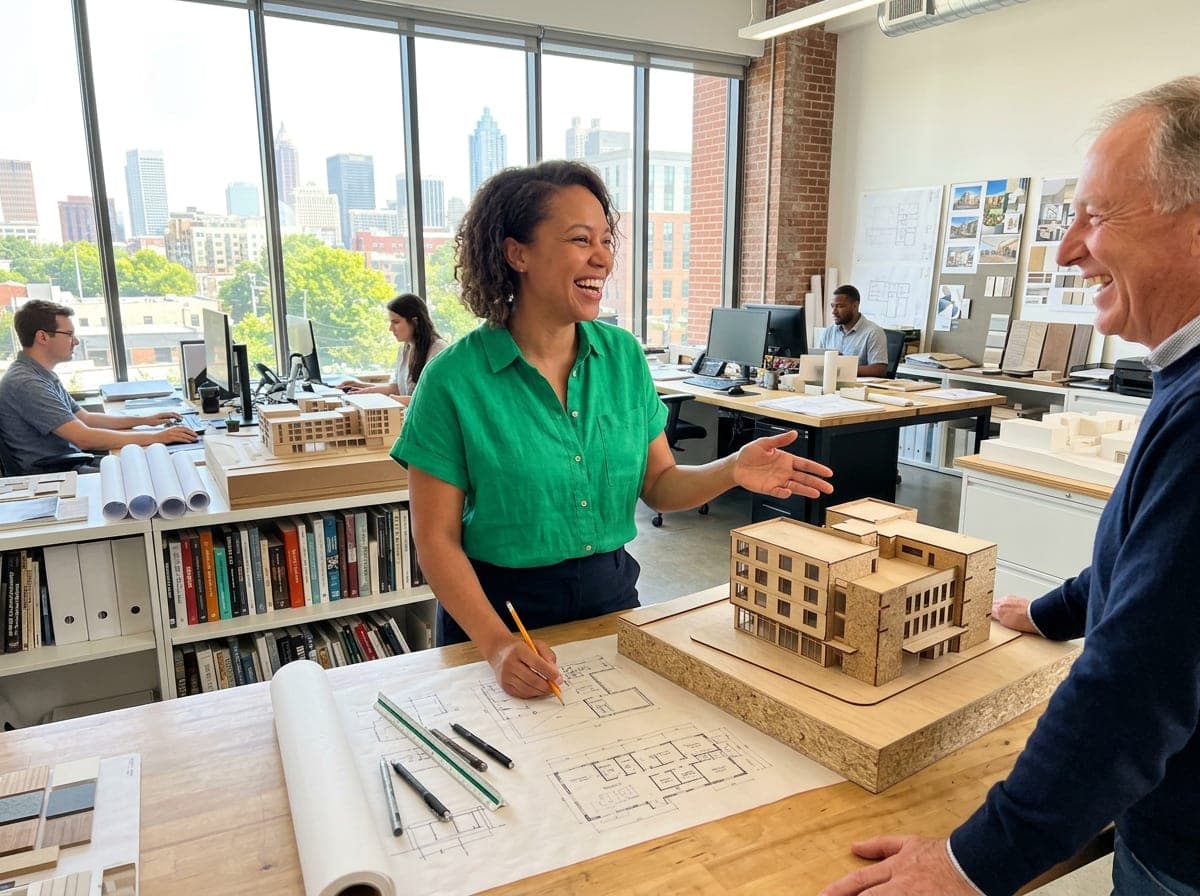 An architect leaning over a broad worktable reviewing large building plans, with a stack of drafts nearby.
