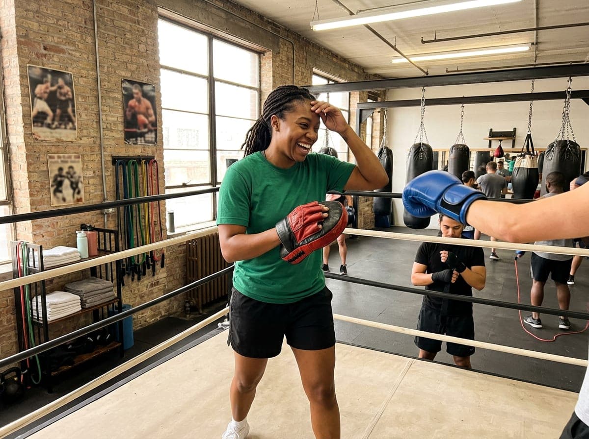 A coach wraps a boxer's hands before a training session in a gym with heavy bags and a ring.