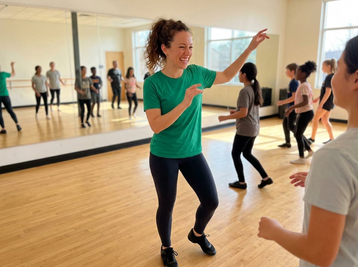 Dancers in a mirrored studio during class, practicing a routine while the instructor watches.