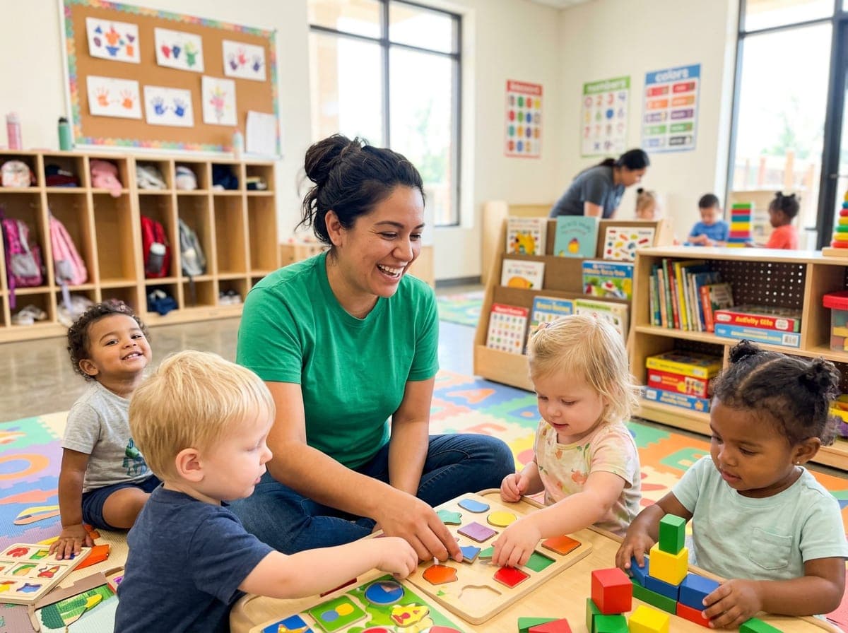 A teacher reading a picture book to a small circle of toddlers seated on a classroom rug.