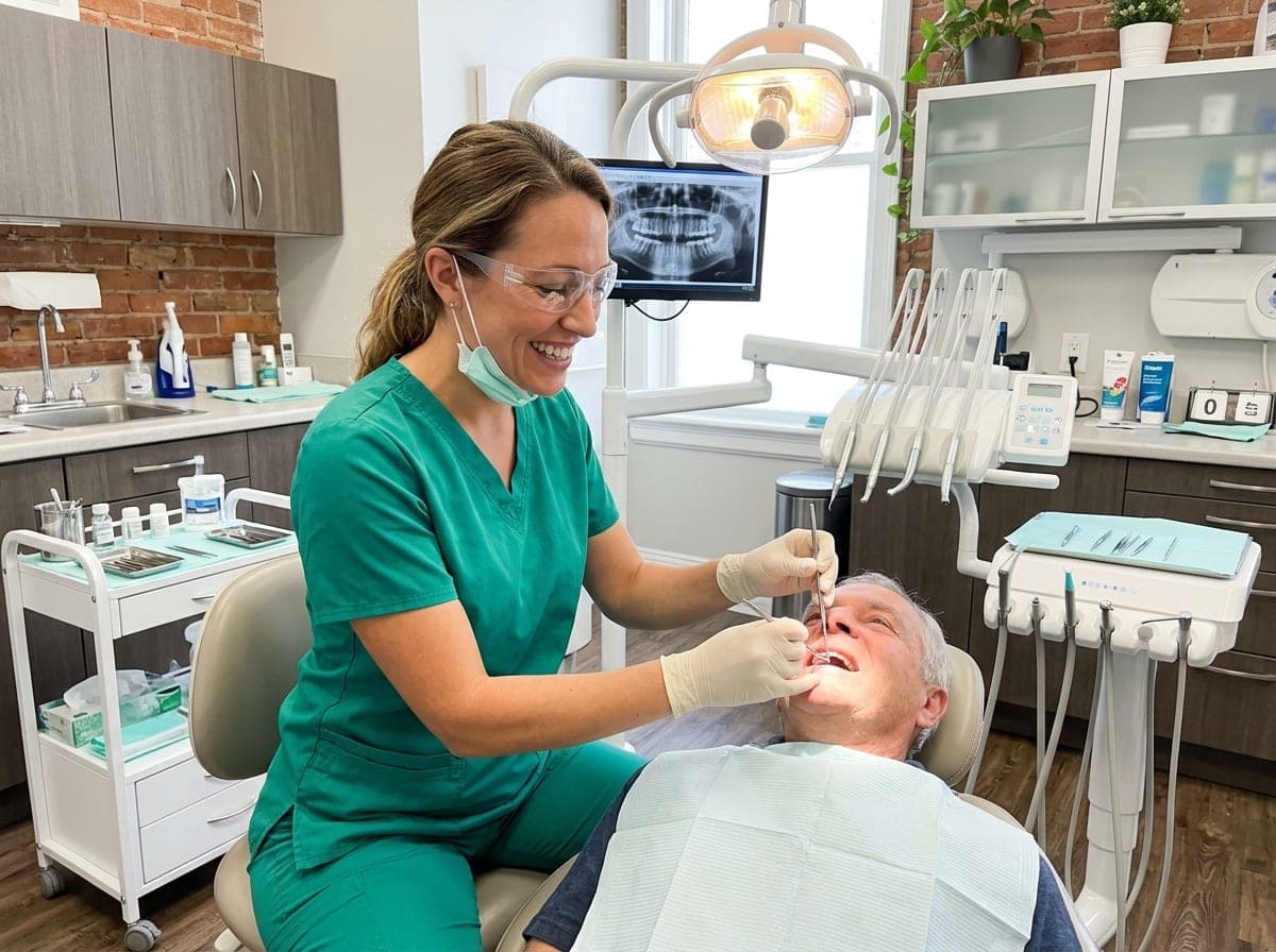 Dentist examining a patient's mouth in a treatment room while the patient leans back in the dental chair.