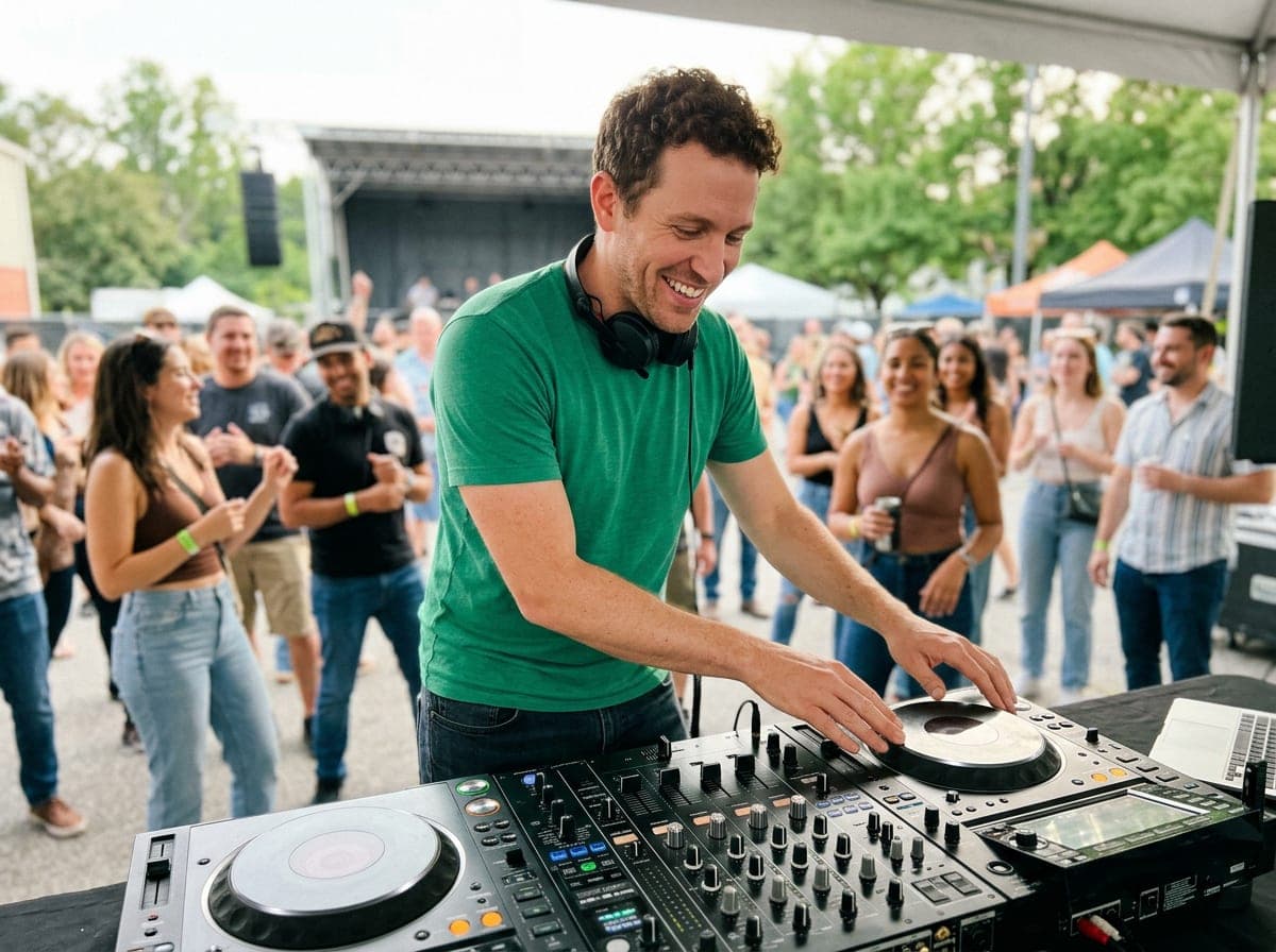 A DJ behind the decks at a wedding reception, hands on the mixer, with colored lights and a packed dance floor.