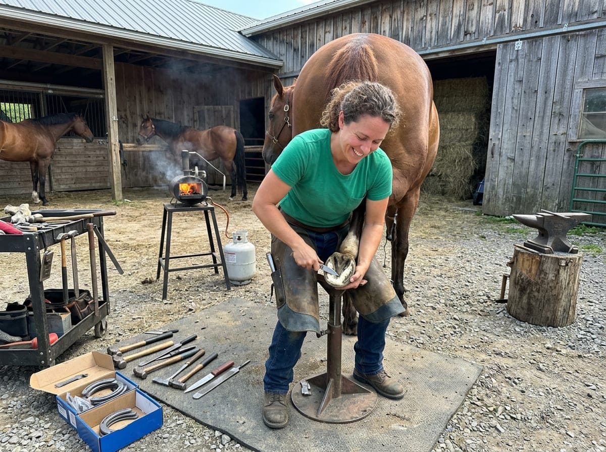 A farrier in an apron shapes a horseshoe on an anvil while a horse waits nearby in a grooming stall.