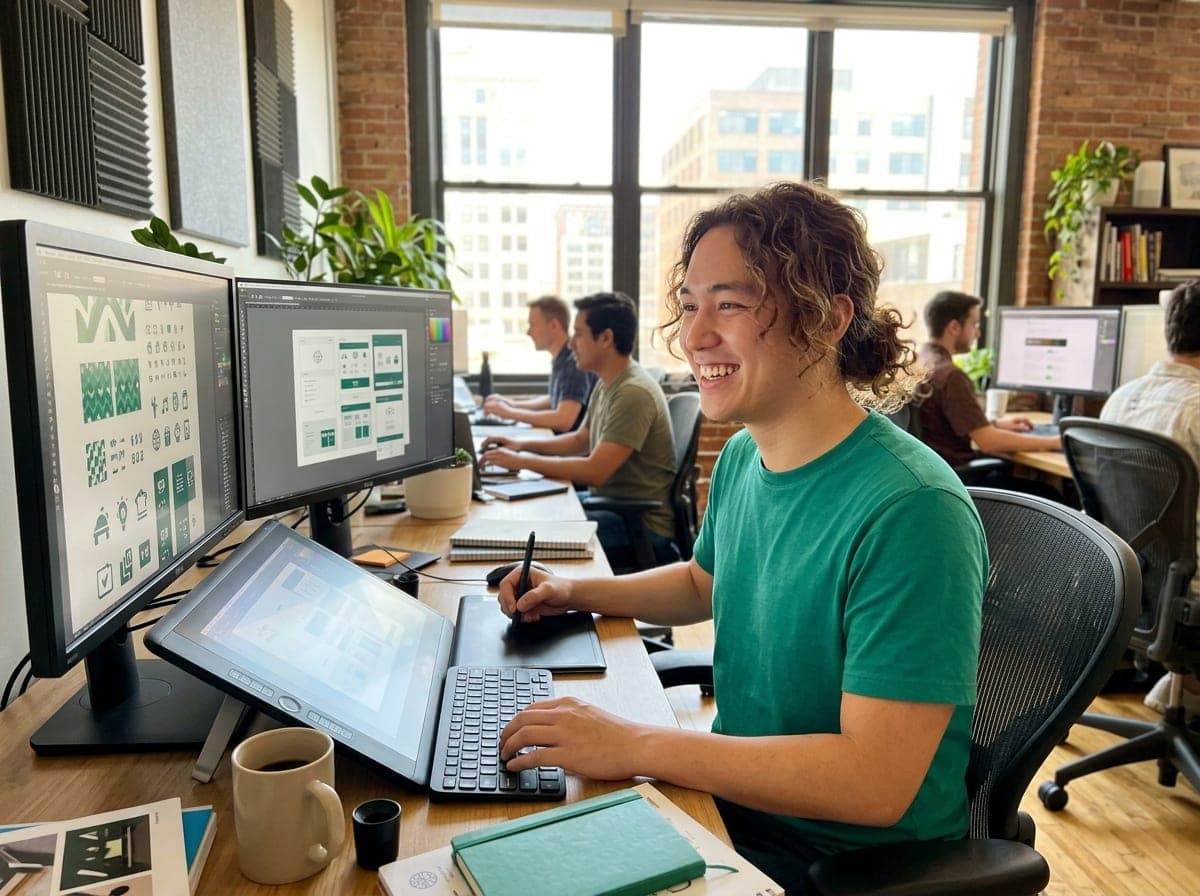 A graphic designer sketching logo layouts on a drawing tablet beside a laptop with color palettes and style frames.