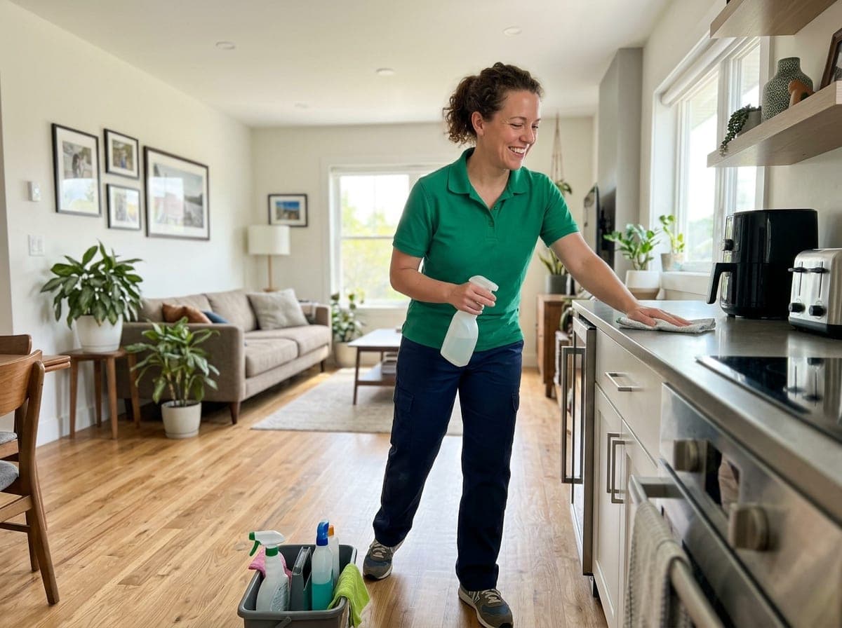 A cleaner wiping down a kitchen countertop with a spray bottle and microfiber cloth in a bright home.