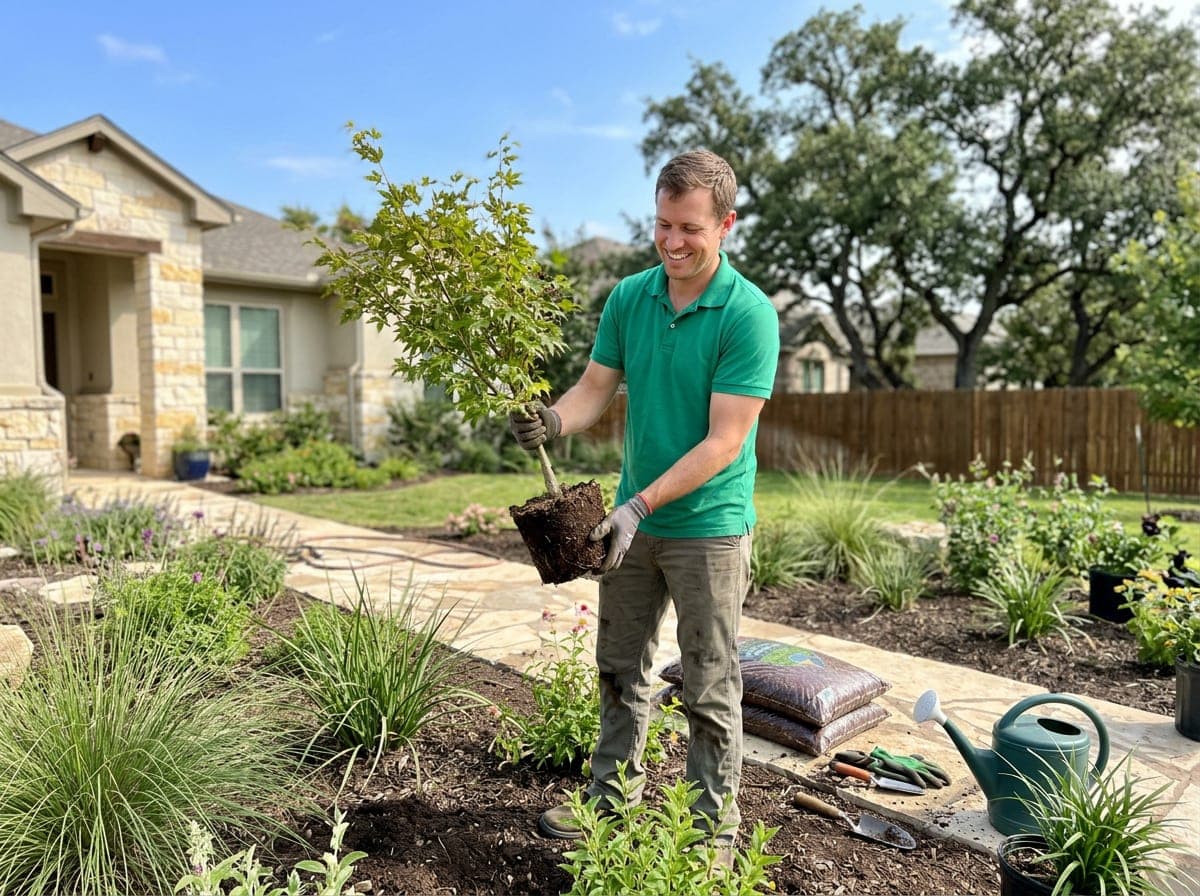 A landscape designer sketching planting beds and a patio layout onto a site plan for a residential backyard