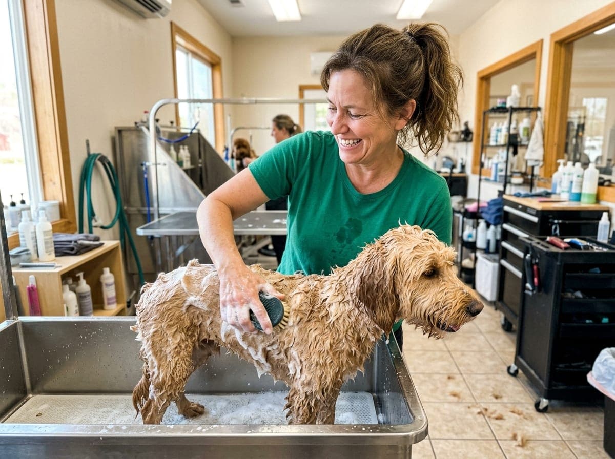 A groomer kneels by a dog on a lifting grooming table, toweling it dry while bottles of shampoo and a brush wait on a counter behind them.