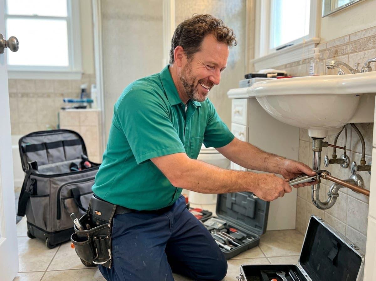 A plumber in a work shirt kneeling under a sink cabinet, wrench in one hand and an open tool bag on the floor beside them.