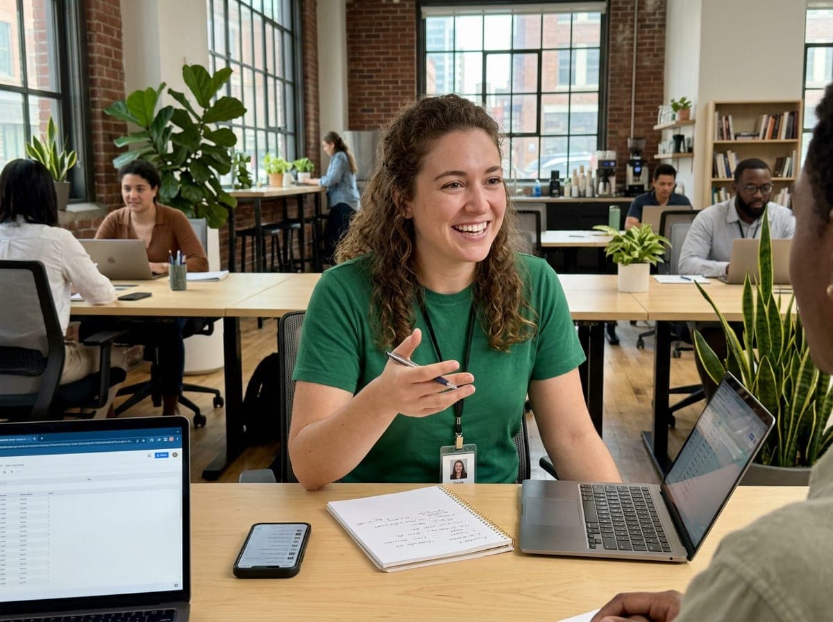 A recruiter at a desk on the phone, a candidate resume open on the laptop and a shortlist of open roles pinned above the monitor.