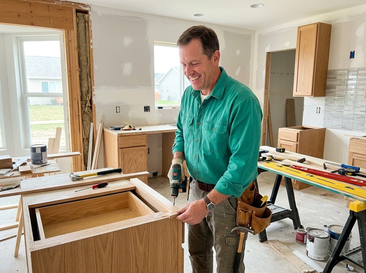 A remodeling contractor measuring a doorway in a gutted kitchen during a renovation.