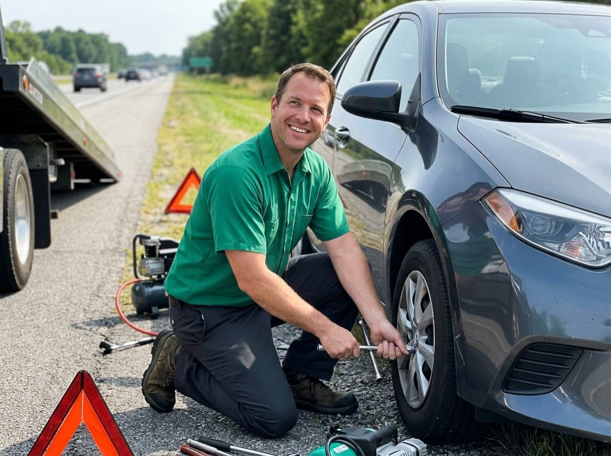 A roadside assistance technician connects a jump-starter to a stalled car's battery on a highway shoulder.