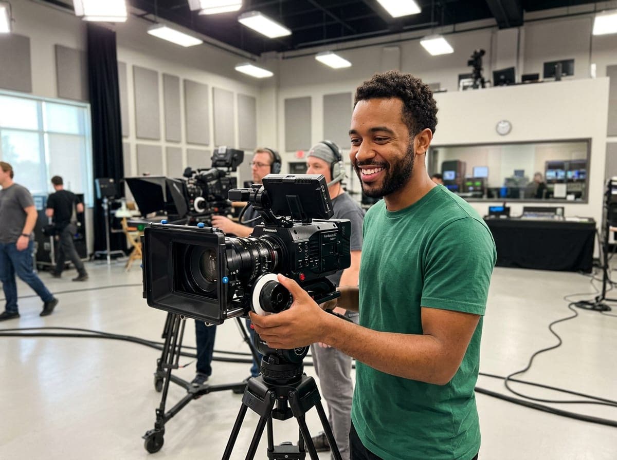 A video production crew on a location shoot adjusting a camera and lighting setup.