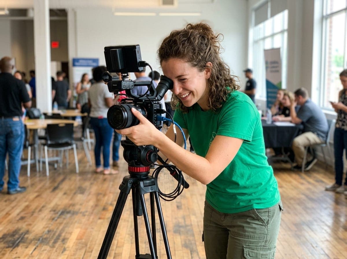 A videographer on set adjusting a camera mounted on a tripod, with softboxes lighting the scene before a shoot.