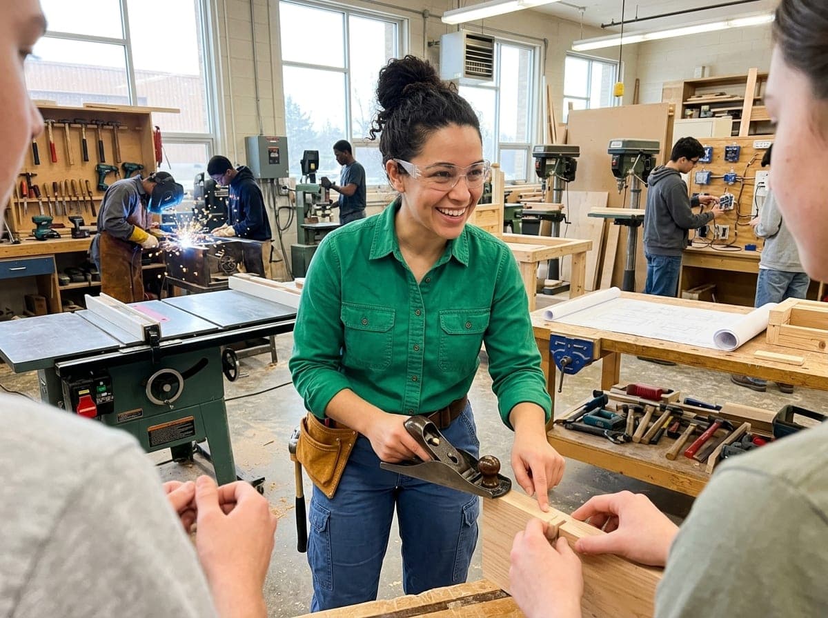 A trade school instructor teaching students in a workshop classroom, with tools and equipment around them