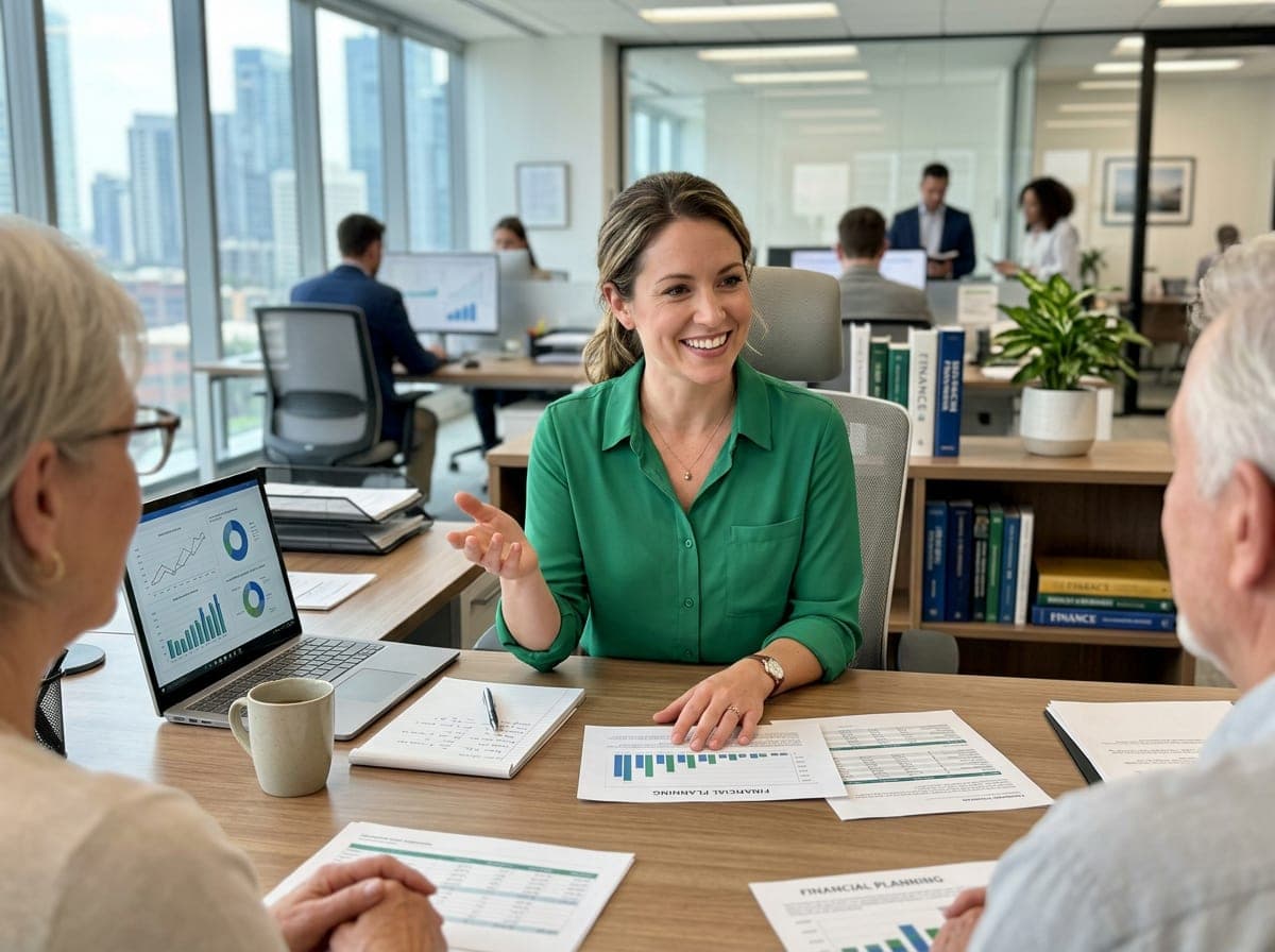 A financial advisor reviews a portfolio on a laptop in a modern office.