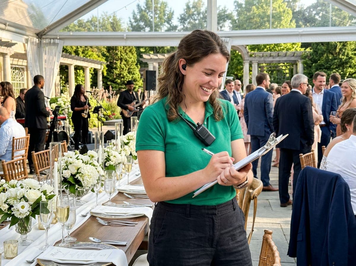 A wedding planner at a reception venue holding a seating chart with the couple, reviewing the table layout.