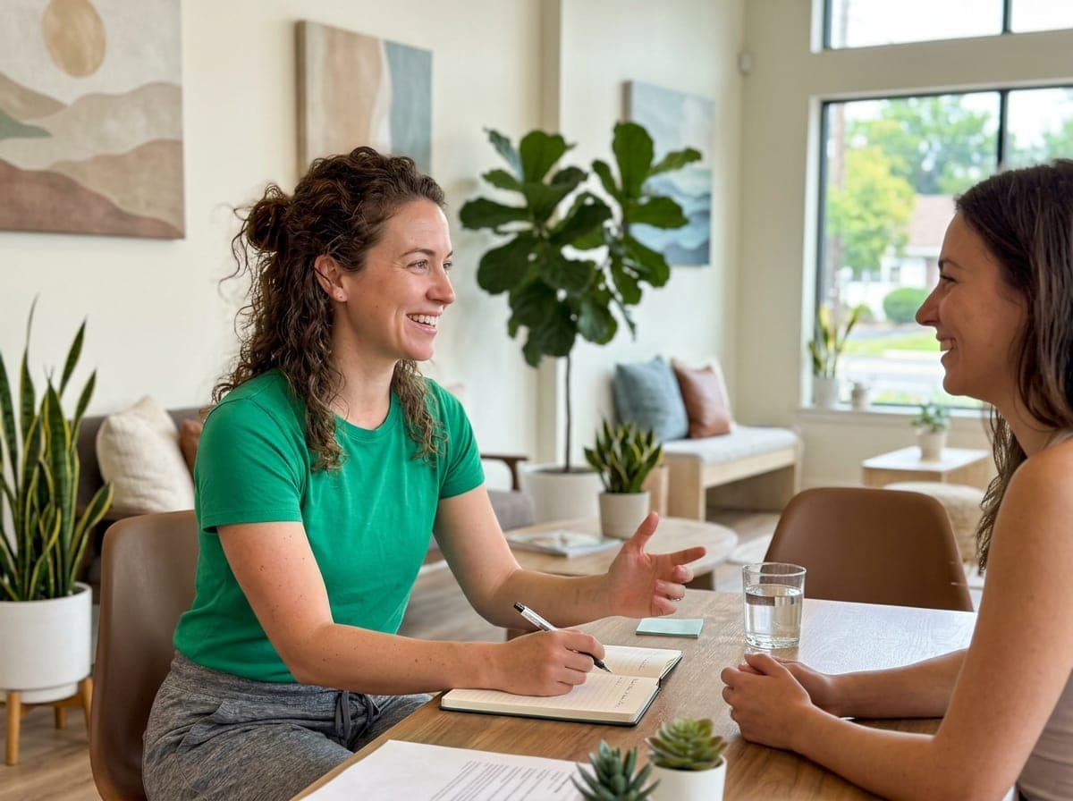 A wellness coach sits across a table from a client, pointing at a goal sheet, with mugs of tea and a notebook between them in a sunlit office.