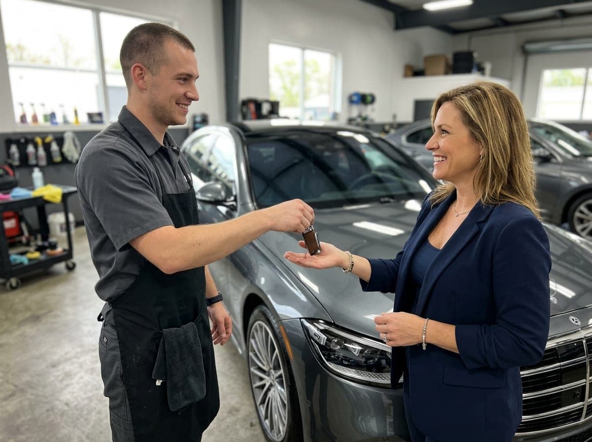A professional detailer hands the keys of a freshly detailed luxury car to an appreciative client.