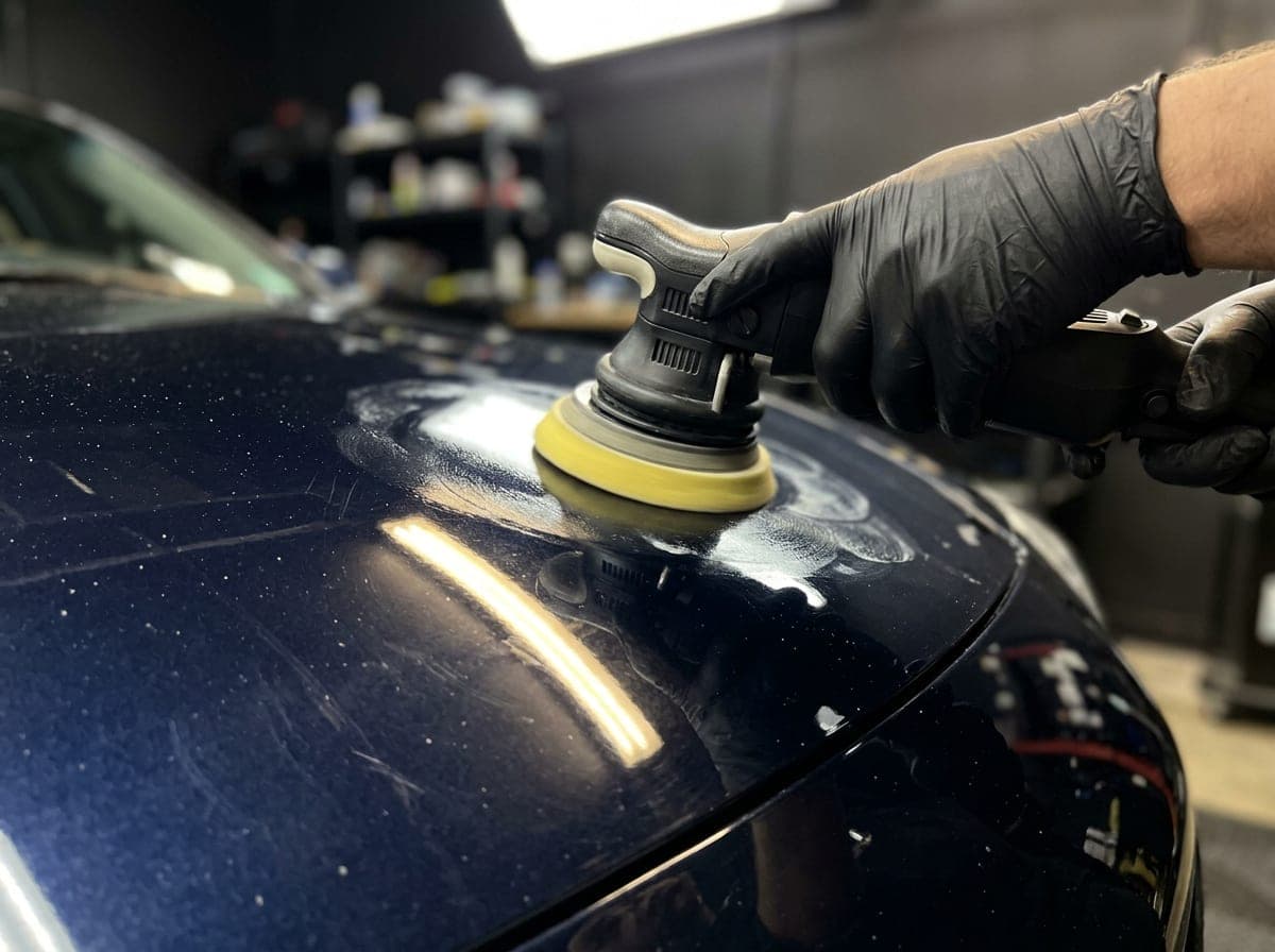 A close-up shows a gloved hand using a dual-action polisher on dark automotive paint with a professional work-light reflection.