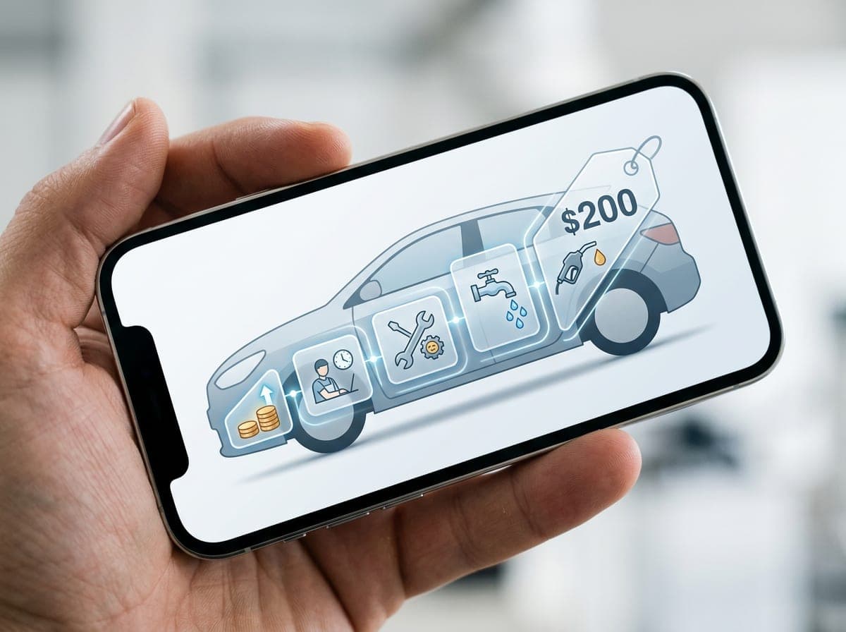 A clean infographic of a car silhouette shows a $200 detailing ticket reduced by consumables, fuel, water, equipment wear, and owner labor to reveal the remaining economic profit.