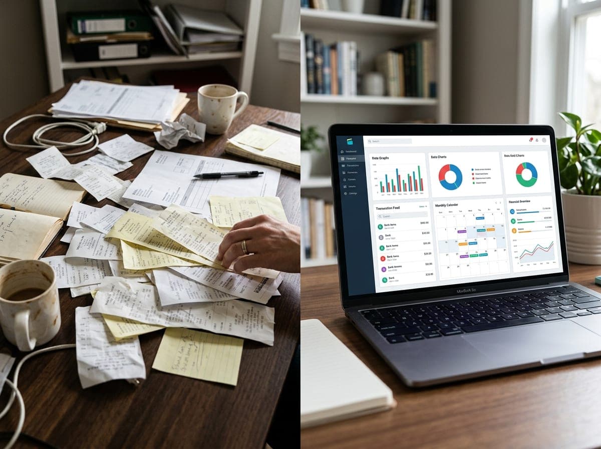 A side-by-side image contrasts a chaotic desk covered in receipts with an organized laptop dashboard showing financial reports, bank feeds, and a calendar.