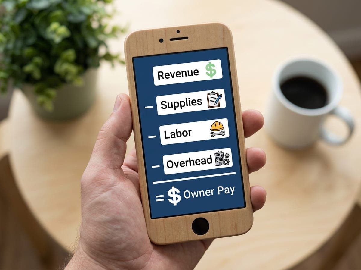 A simple infographic showing Revenue minus Supplies minus Labor minus Overhead equals Owner Pay with example numbers.