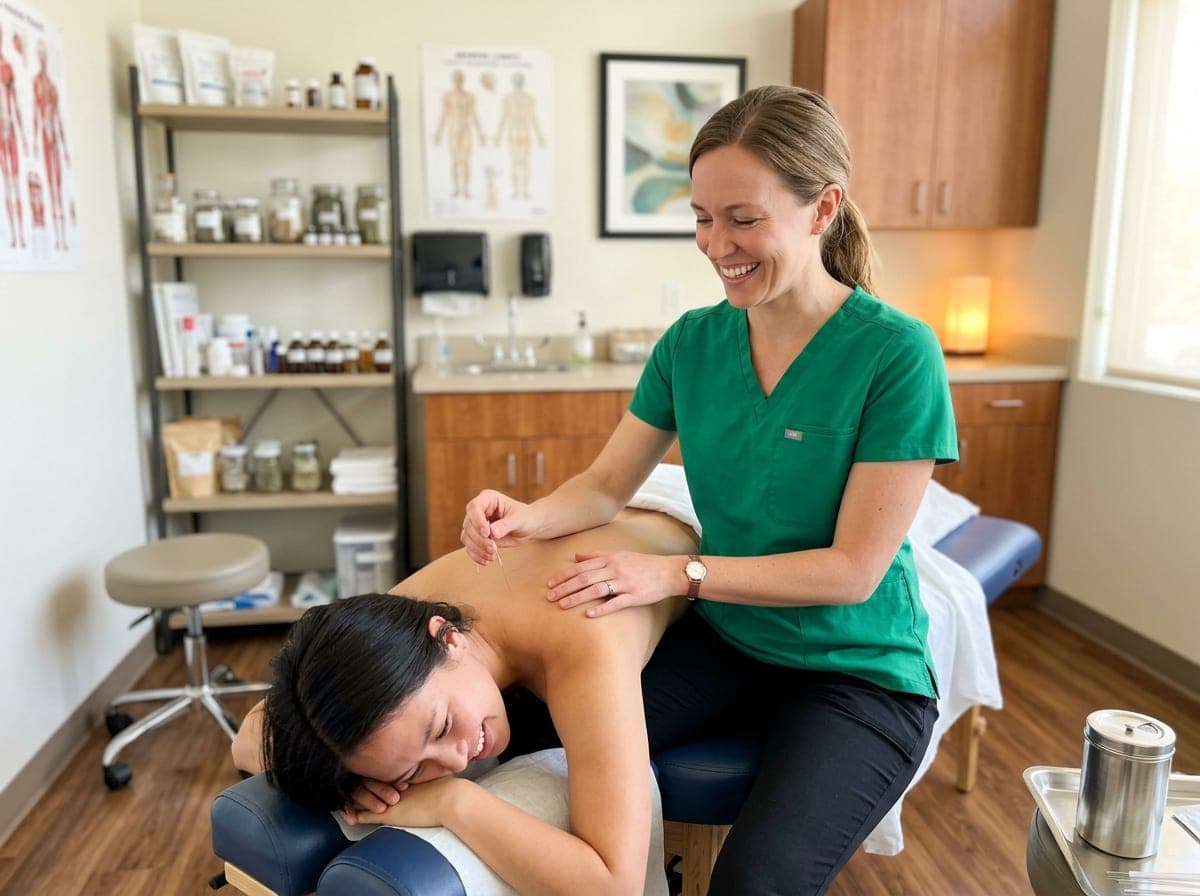 An acupuncturist placing fine needles along a patient's shoulders while the patient lies on a treatment table in a softly lit room