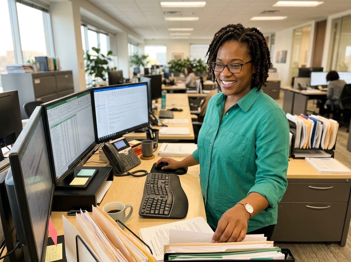 An administrative support professional managing a client schedule and communications at a desk