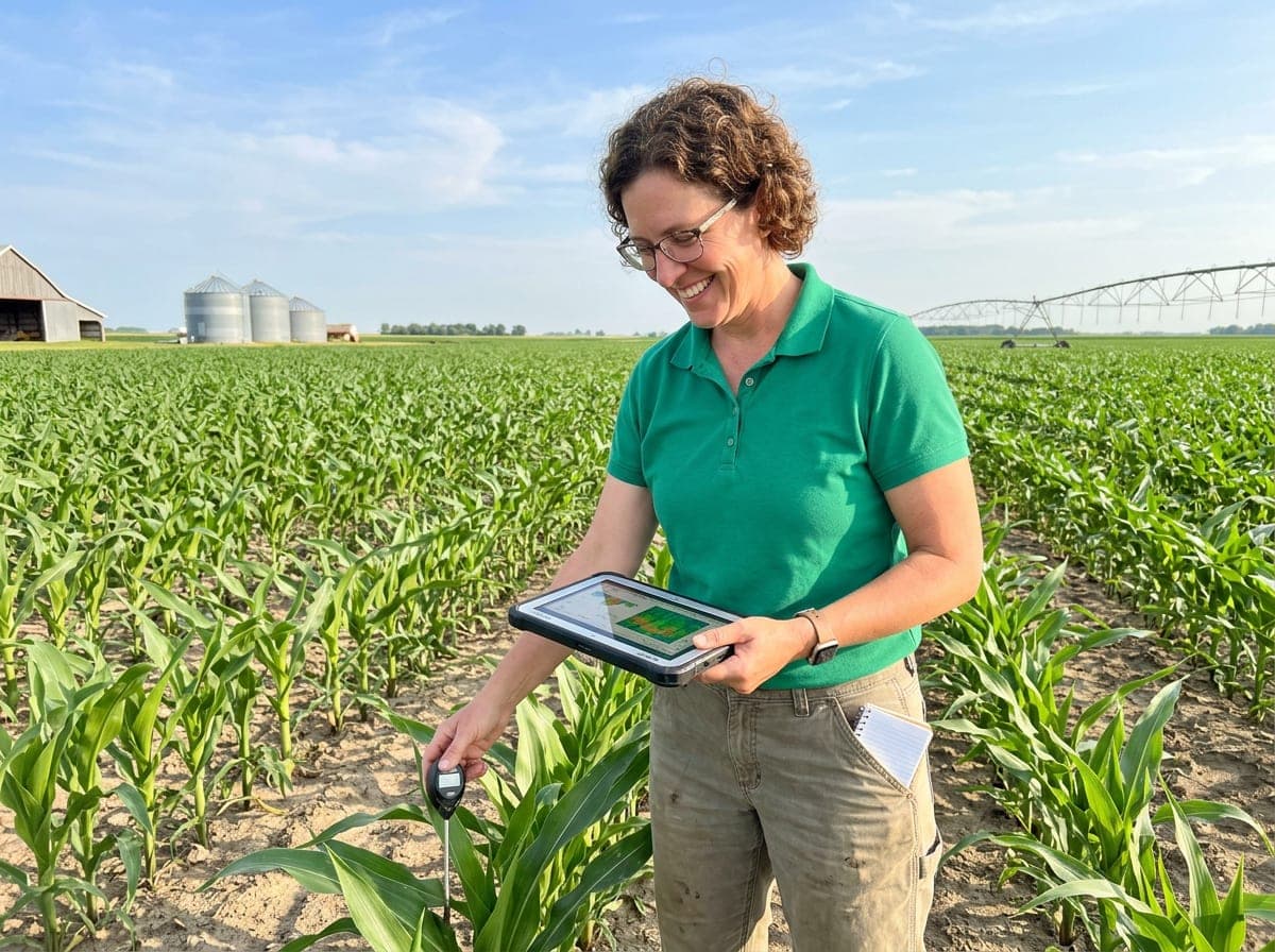 An agricultural consultant kneeling in a field, examining soil and crop conditions beside a client's tractor.