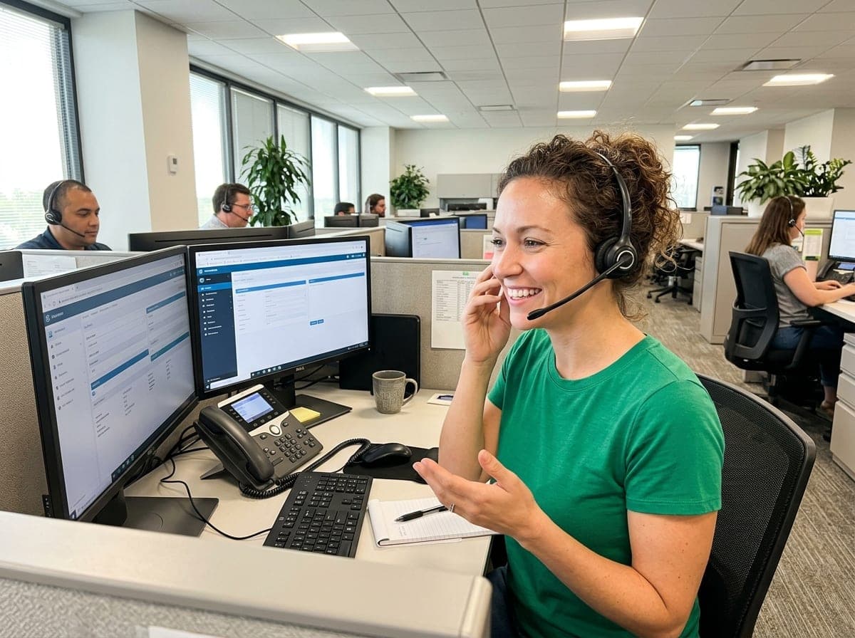 A receptionist wearing a headset answers a ringing call at a desk with a bank of phone line indicators glowing.