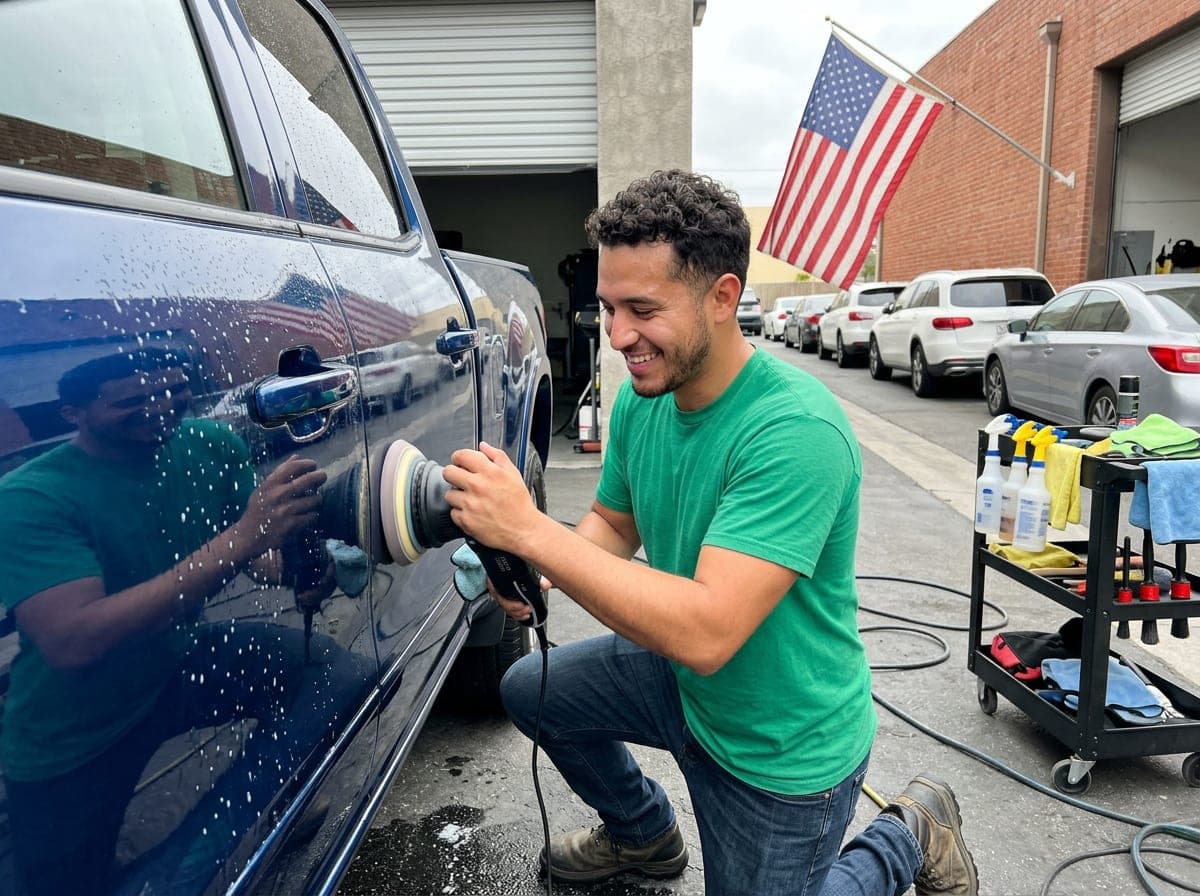 A detailer in a shop bay applying a ceramic coating to a car door, with a pressure washer and supply cart nearby.
