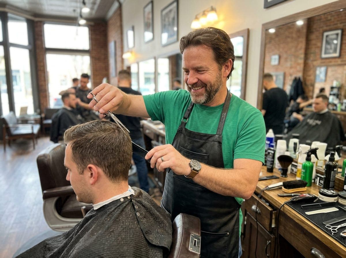 A barber cutting a client's hair in a busy barbershop with mirrors and retail products on shelves.