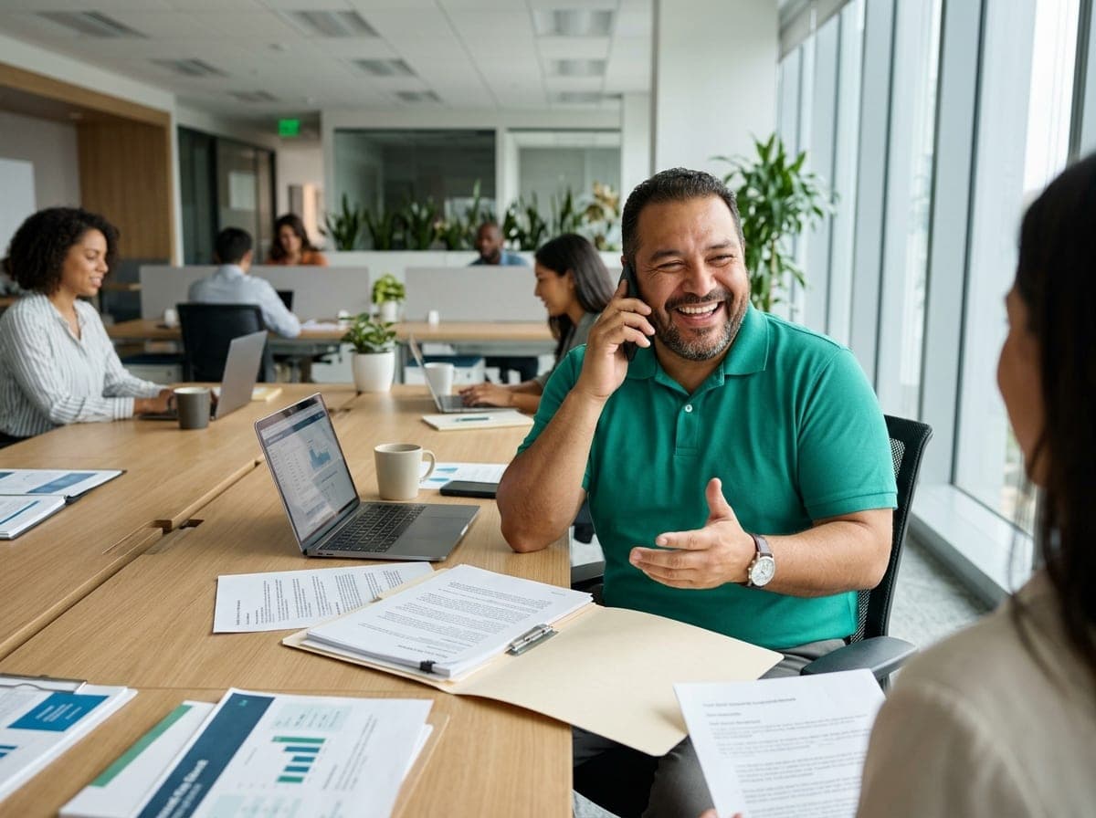 A business broker presenting a sales package to buyers across a conference table
