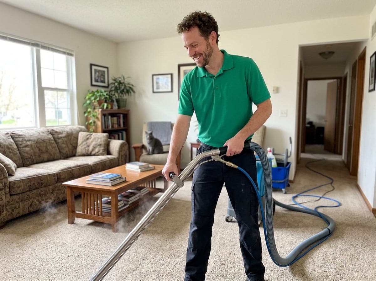 A carpet cleaning technician runs an extractor wand across a living room carpet, with the truck and hose set up behind them.