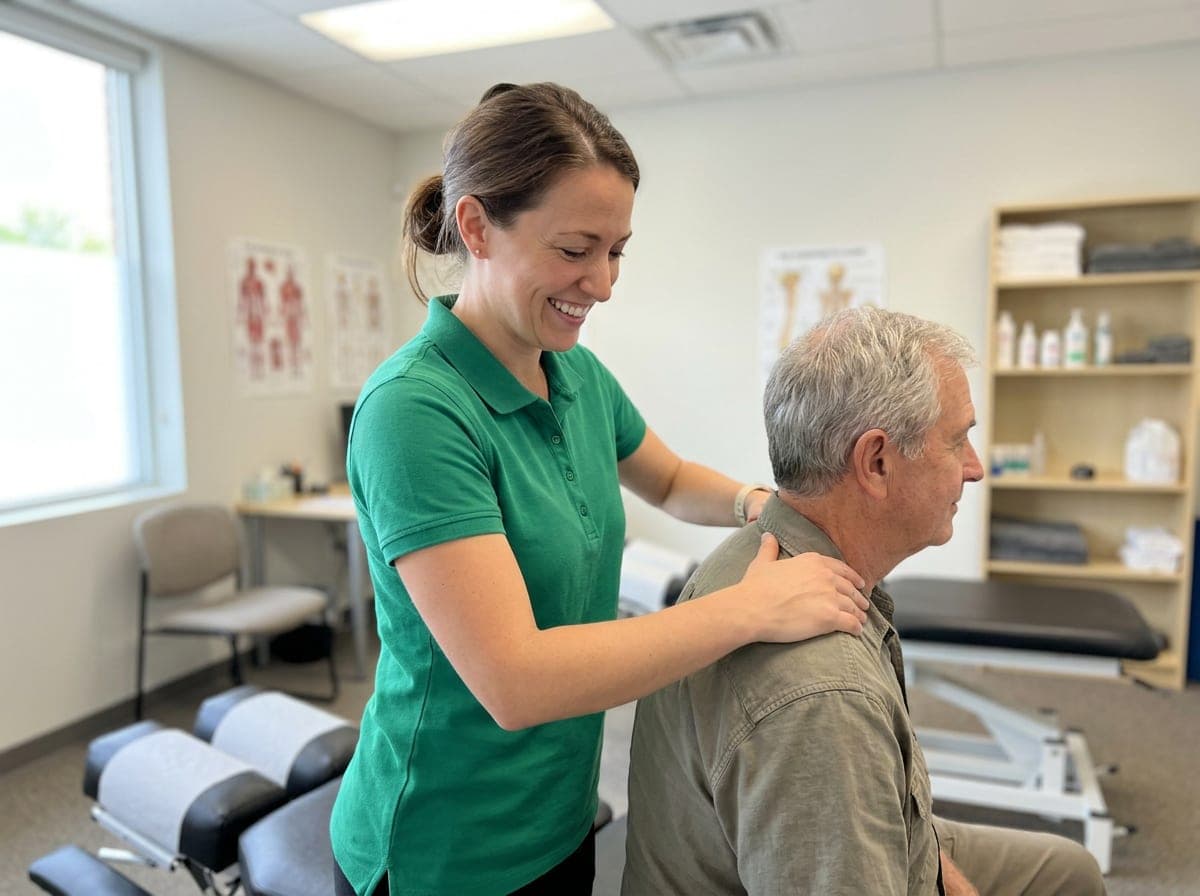 A chiropractor adjusting a patient's neck on an adjusting table in a bright treatment room with a view of the practice's waiting area.
