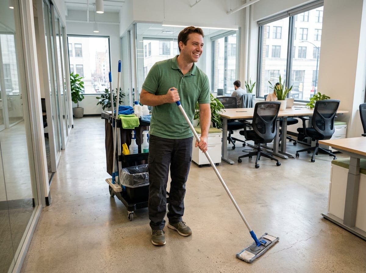 A commercial cleaning crew member wiping down a conference room table in an empty office at the end of the day.
