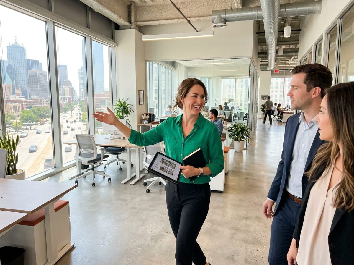 A real estate agent and a client walking past a FOR LEASE sign toward a glass office storefront.