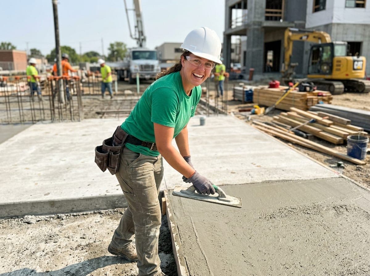 Concrete worker finishing a fresh slab with a float at a residential foundation pour