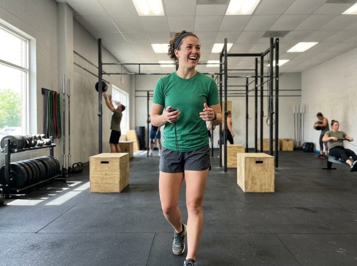 An athlete pulling a loaded barbell off the floor in a CrossFit box while the coach watches and members wait by the whiteboard with the day's workout.