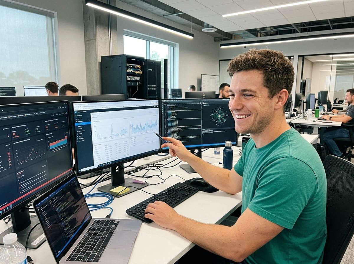 A cybersecurity engineer reviewing threat alerts on a security dashboard.
