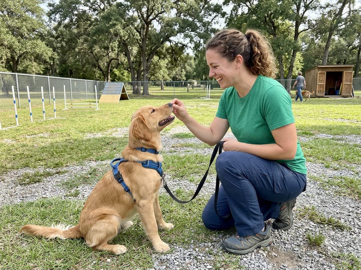 A dog trainer crouching in front of an eager puppy with a treat in hand during an outdoor session.