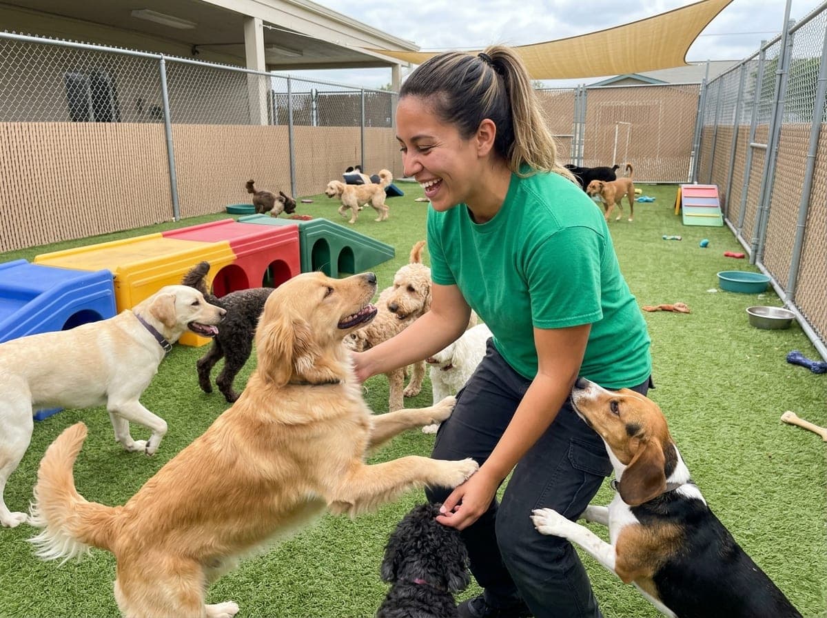 A staff member watches over a happy group of dogs playing together in the bright outdoor play area of a doggy daycare.