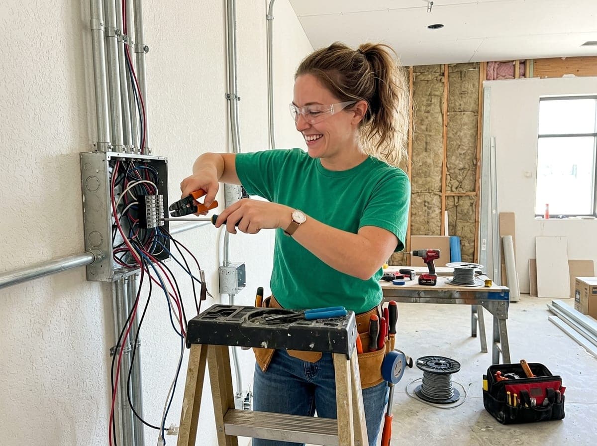 An electrician in a work shirt making connections in a residential panel, with a voltage tester on the floor.