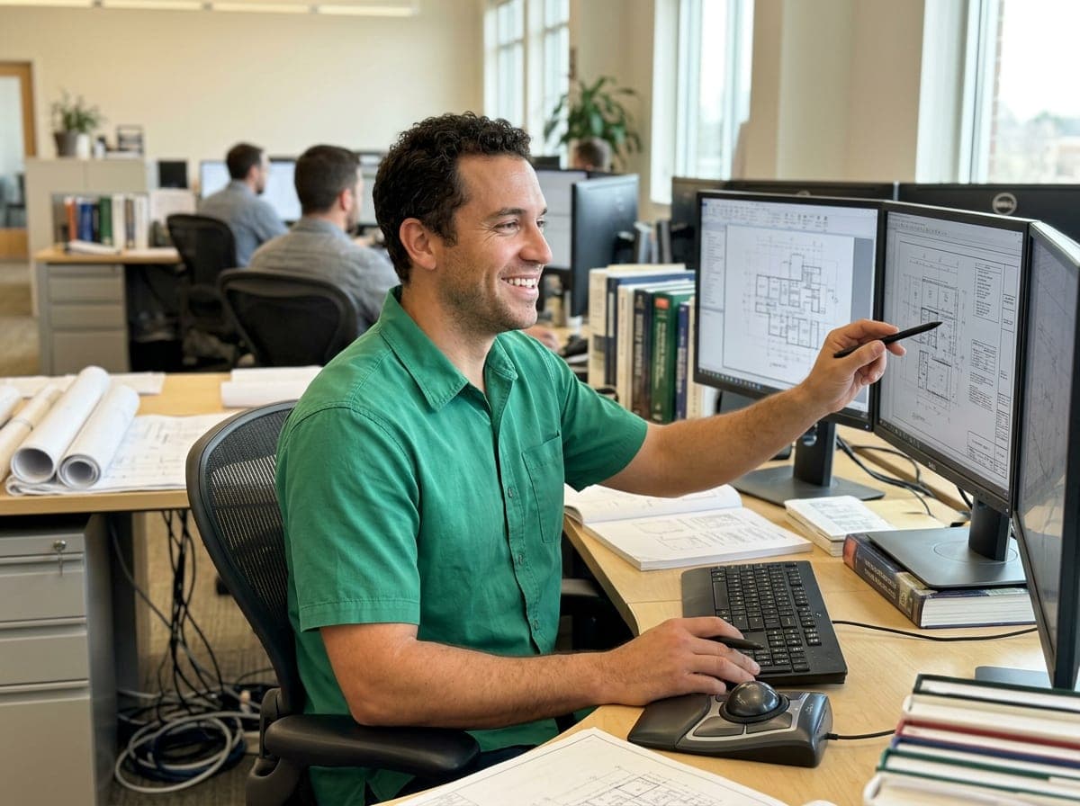 An engineer checking a set of drawings across a drafting table, with a stack of project plans and colored markups beside a coffee mug.