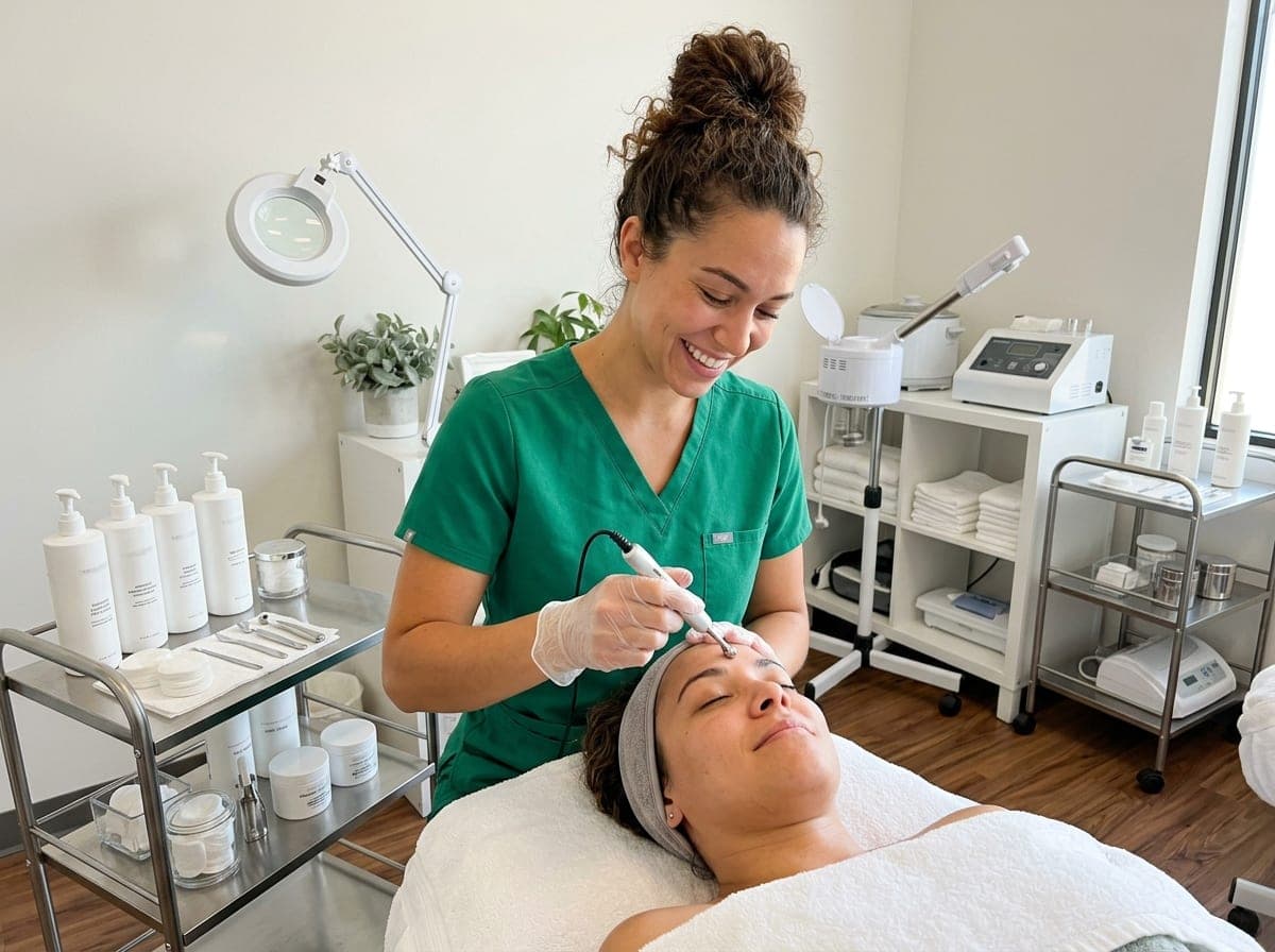 A esthetician giving a client a facial in a clean treatment room