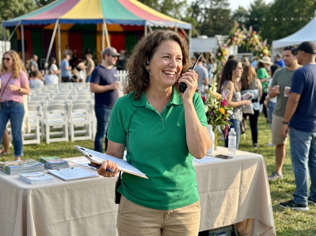 An event planner reviewing a seating chart with a client at a wedding venue while staff set up nearby